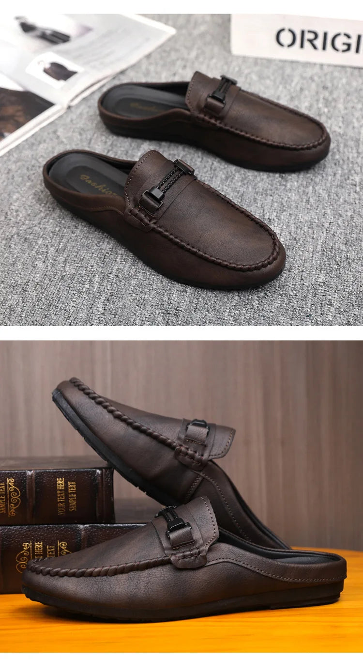 Men Half Slippers 2025 Summer Breathable Mens Casual Shoes Comfortable Walking Loafers Moccasins PU Leather Men Fashion Slippers