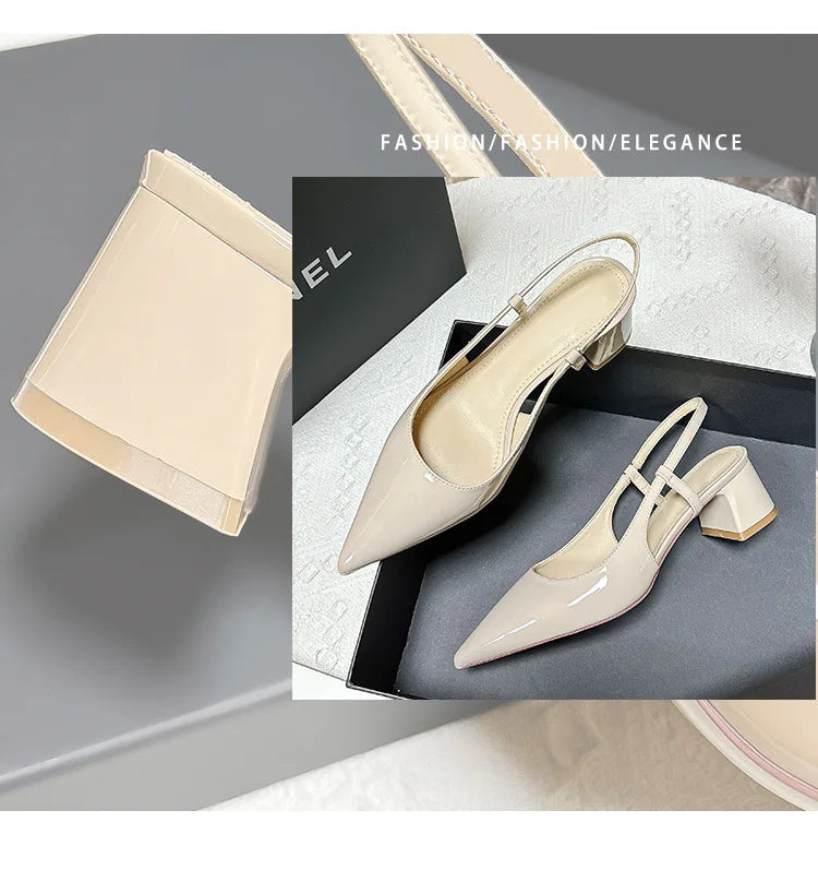 2025 New Medium Heel Woman 4cm Sandals Shallow Mouth Glossy Closed Toe Sandals One Word Buckle Temperament Summer Outdoor Shoes