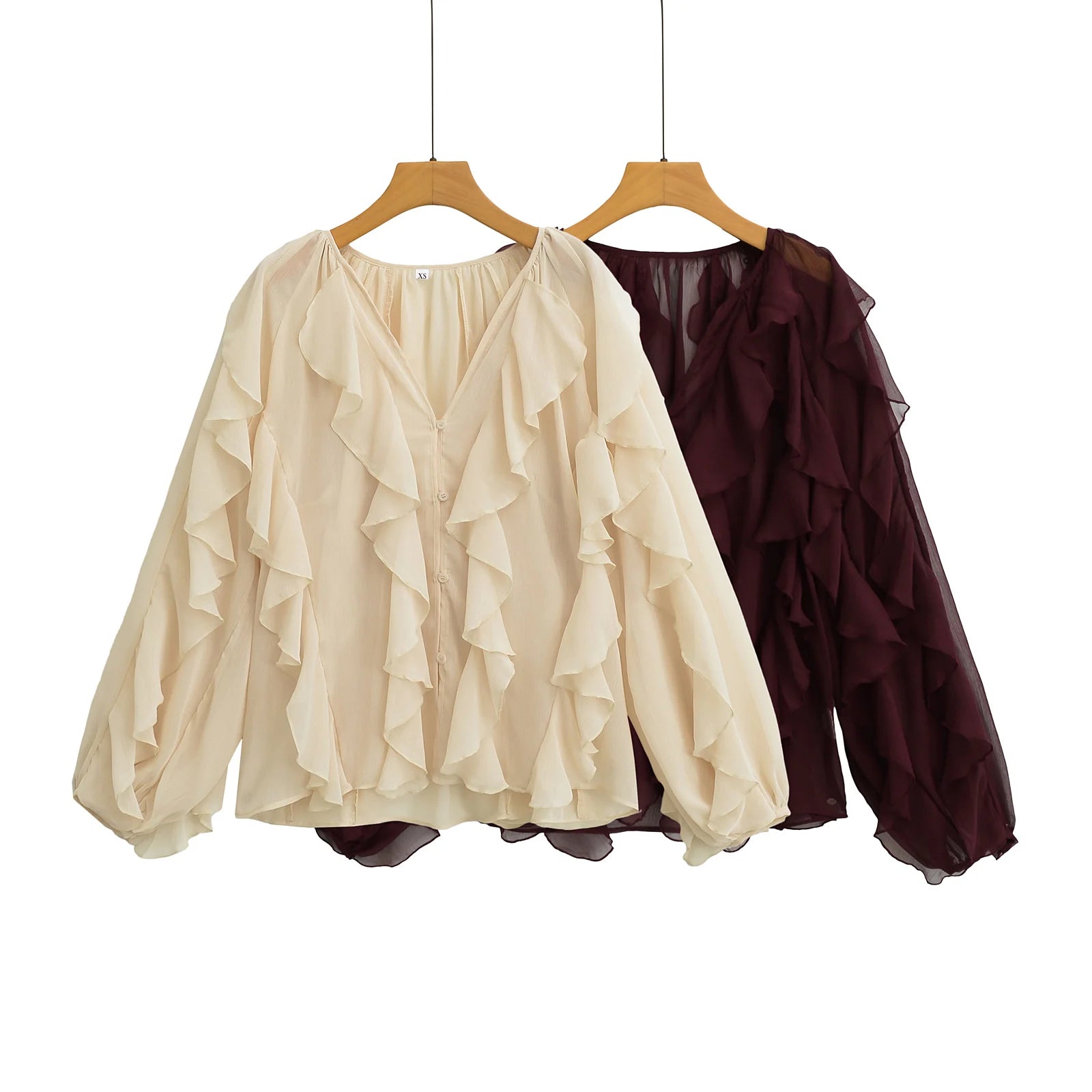 HH Women Ruffles Tierred Thin Blouses Solid Elegant Woman V Neck Long Sleeve Shirt 2025 Fashion High Street Lady Chic Tops