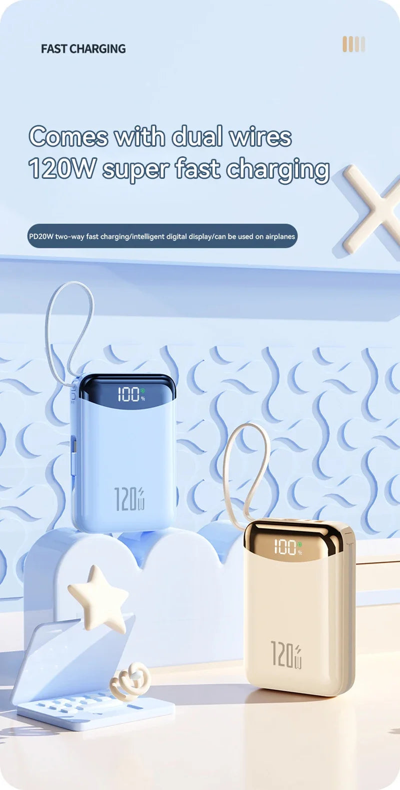 120W Fast Charging Power Bank 20000mAh Large Capacity Portable External Battery Comes with 2 Lines for IPhone Xiaomi Huawei New