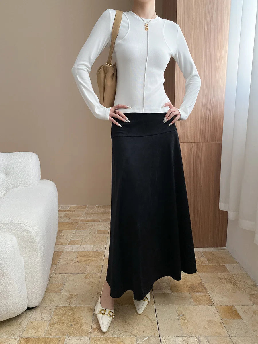 Women's casual stitching slim fit shoulder slimming base long sleeved T-shirt