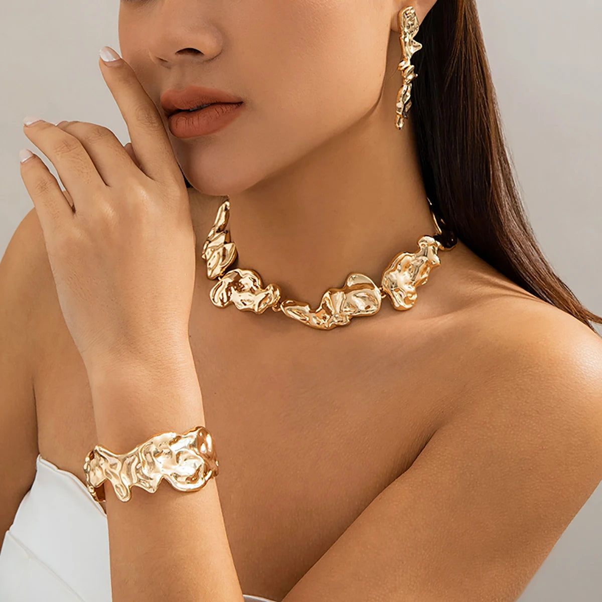 3Pcs Exaggerate Heavy Metal Liquid Irregular Necklace Vintage Statement Pleated Choker Women's Steampunk Jewelry Sets