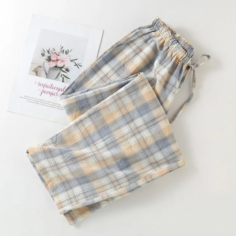Pajama Pants Women Plaid Cotton Home Trousers Loose Breathable and Soft Straight Leg Trousers Fashionable Sleeping Pants