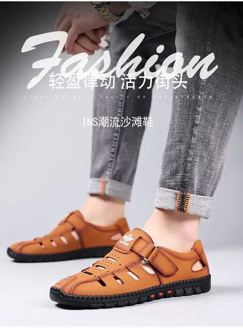 Men Sandals Leather 2024 Summer Breathable Casual Shoes for Man Slip on Clogs Outdoor Walking Shoes Non Slip Hand Made Sandalias