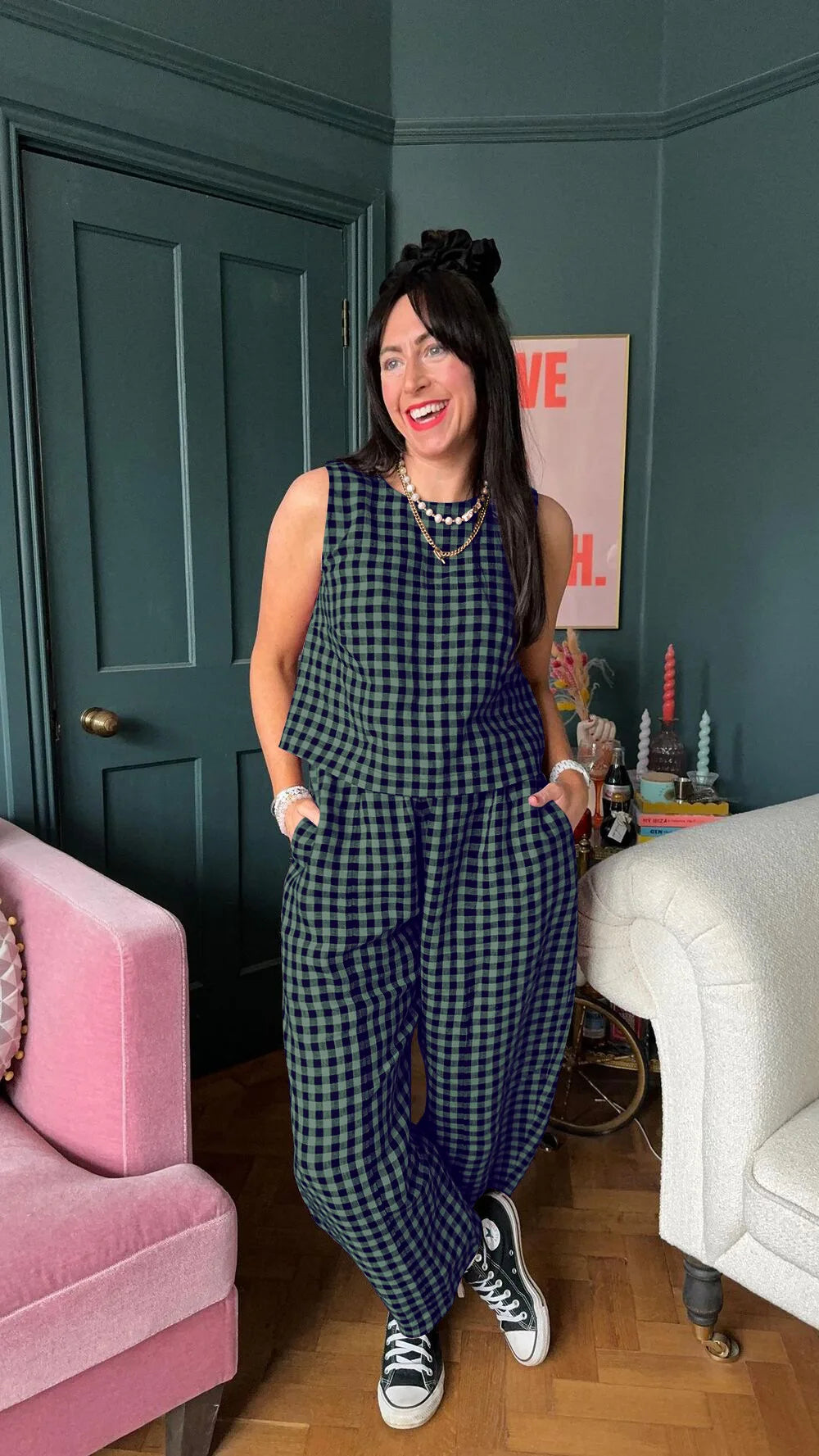 Fashion Women's Pants Set Printed Plaid Sleeveless 2025 Spring Summer Relaxed Vest Nine Point Pants Home Wear Female 2 Piece Set