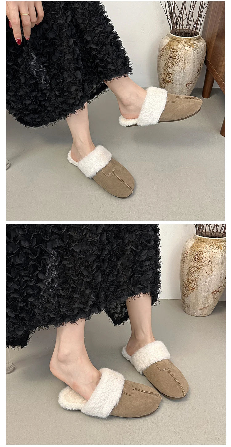 Fur Flats Women Cotton Slippers Fashion Warm Shoes Winter Short Plush Designer Cozy Woman Boots 2025 New Dress Mujer De Boots