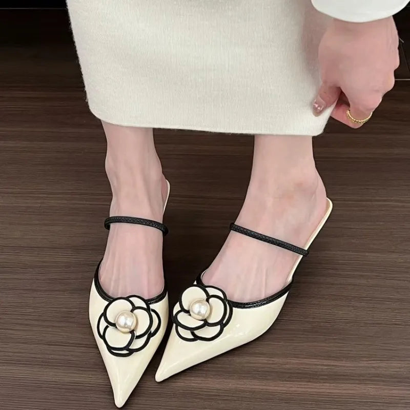 Flower Pointed Toe High Heels Women Luxury Designer Sandals Female Summer Elegant Fashion Pumps Woman Flower Mule Slippers Women