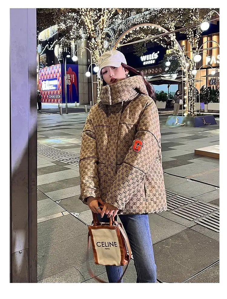 Winter Letter Print Hooded Jacket Women Clothing Trend Zipper Parkas Puffer Down Cotton Coats Design Vintage Windproof Outerwear