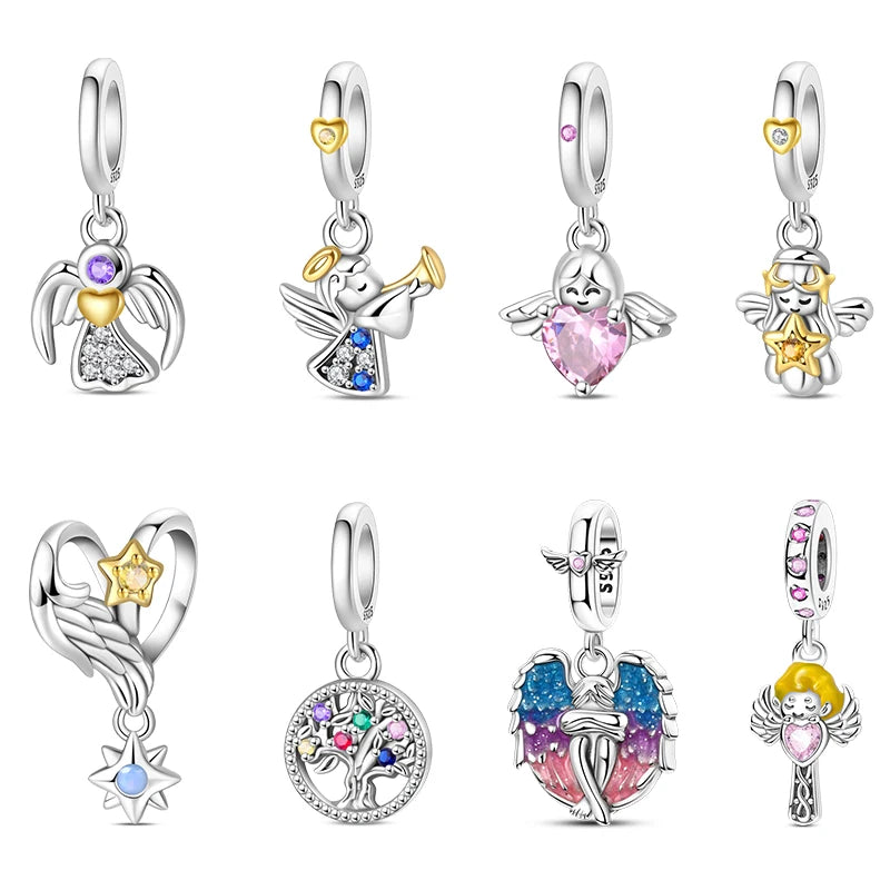 100% 925 Sterling Silver Sacred Angel Colorful Wings Life Tree Charms Beads Fit Original Bracelets DIY Jewelry For Woman Gifts