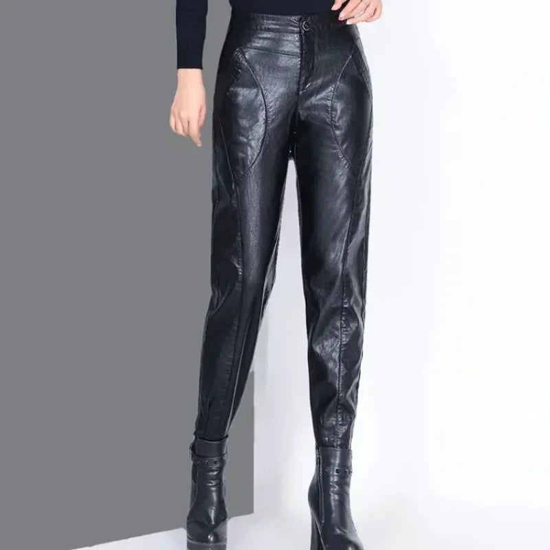 Pants for Women High Waist PU Leather Harem Woman Trousers Aesthetic One Size Classic Autumn Trends 2025 90s Outfits Clothing G