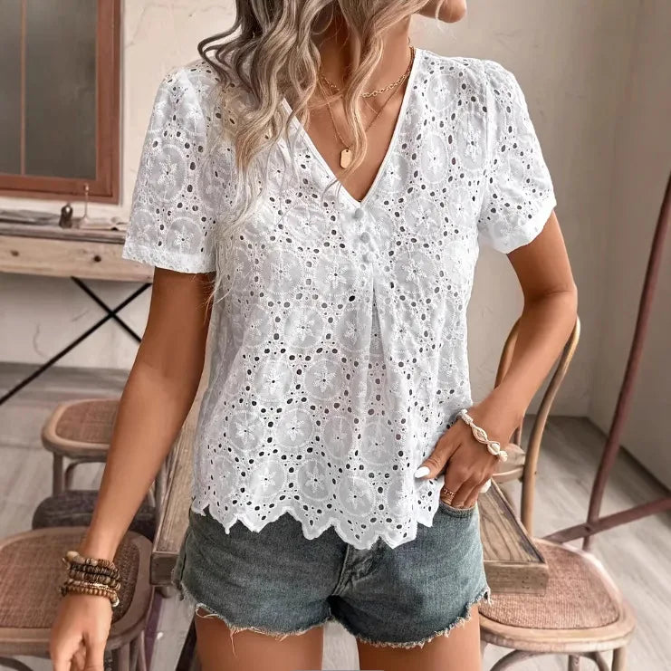 Woman Clothing Blouse Embroidered With Lace Eyelets, Elegant Short -sleeve Top With Neck For Spring And Summer, Women's Clothing
