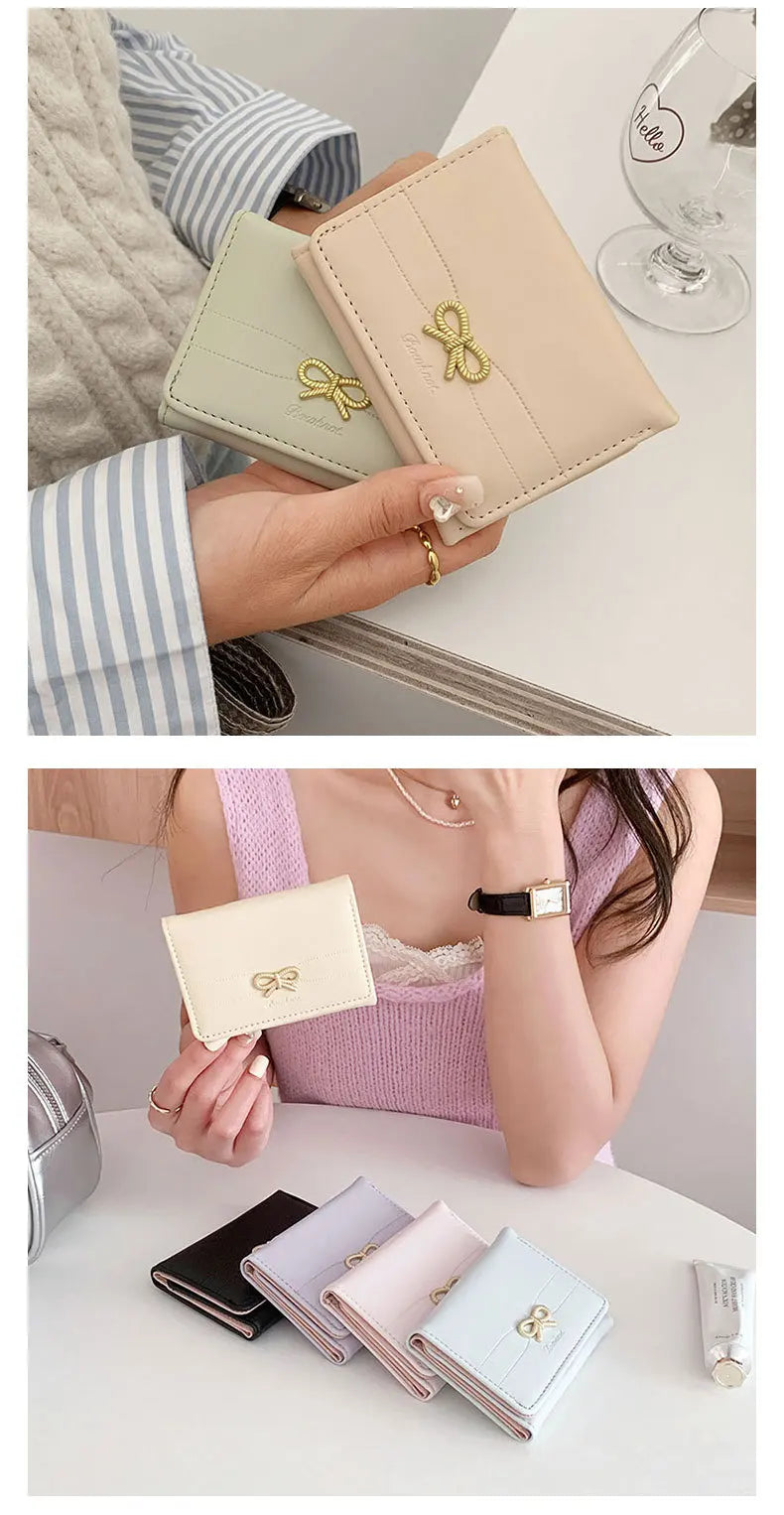 Fashion Wallets Girls Cute Bow Small Wallet Aesthetic Card Holder Classic Three Fold Purse For Women Student Simple Coin Pouch