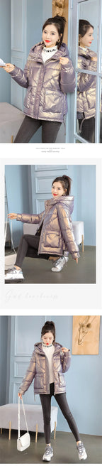 Winter Jacket Women 2025 New Glossy Down Cotton Jacket Hooded Parka Warm Cotton Padded Jacket Casual Outwear Female Tops