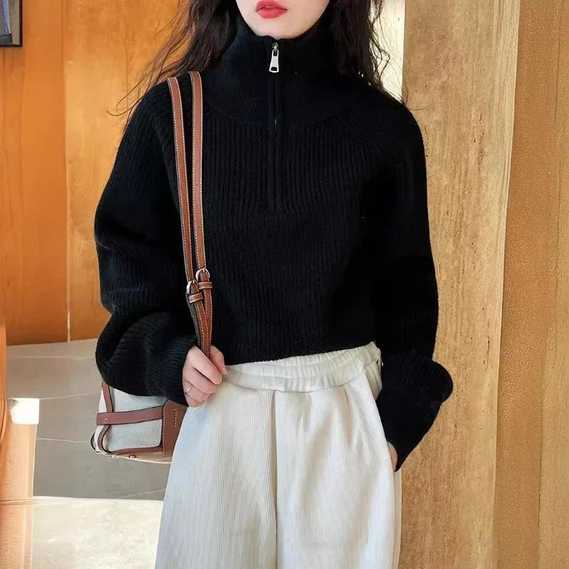Autumn Winter  Zipper Sweaters Women Solid Color High Neck Knitted Pullover Solid Red Loose Turndown Collar Women's Turtleneck