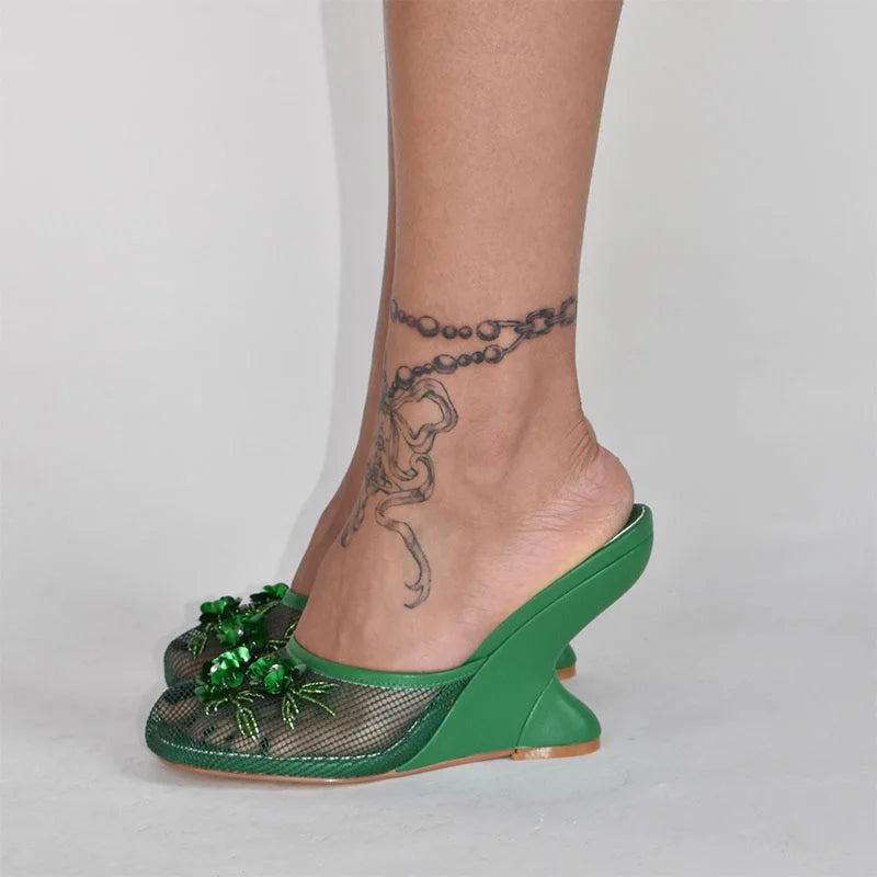 Woman Sandals 2025 Summer Fashion Sexy Hollow Out Strange Style Female Shoes Crystal Flower Decoration High Heel Ladies Slippers