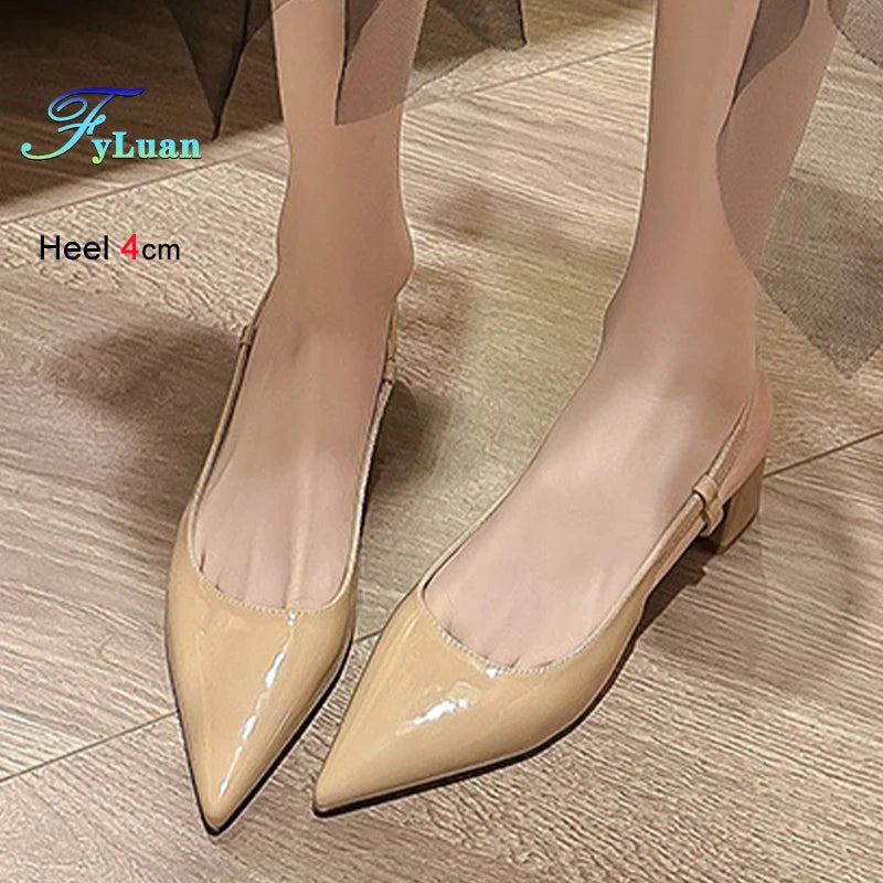 2025 New Medium Heel Woman 4cm Sandals Shallow Mouth Glossy Closed Toe Sandals One Word Buckle Temperament Summer Outdoor Shoes