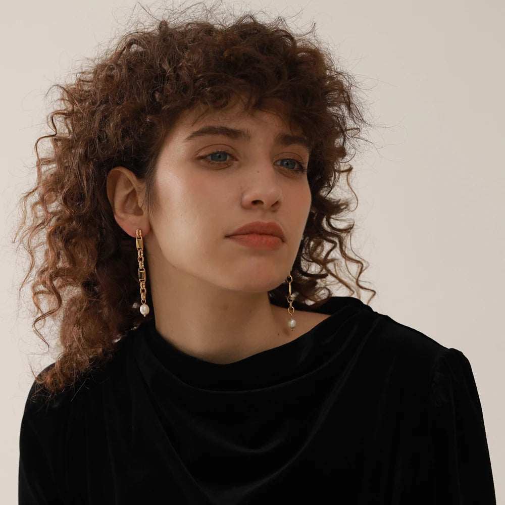 Yhpup Long Hanging Stainless Steel Chain Natural Pearl Drop Earrings Dangle Fashion Party Geometric Charm Temperament Jewelry