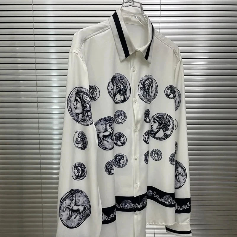 Men's shirt Vintage Character print 2025 Spring / Autumn Loose Version Classic Long-sleeved Lapel Fashion and leisure Top S-5XL