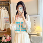 Women Tops Embroidery Crochet Top with Chiffon Sleeve Button Front Airy Shirts Sheer Open-knit Blouses Summer Vacation Outfit