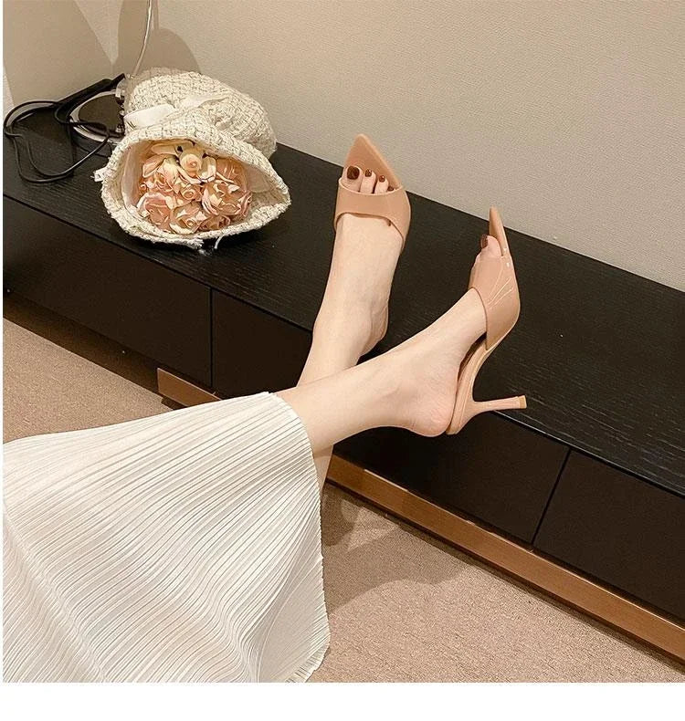 Women's High Heel Slippers Thin Heels Pointed Toe Solid Slippers Women Dress Banquet Summer Mature Concise Zapatillas De Mujer