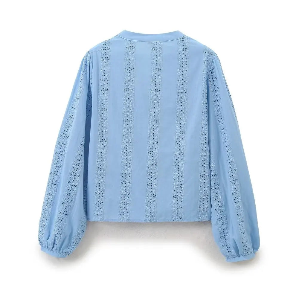 Women's Openwork Embroidered Cropped Shirt Simple V-neck Long-sleeved Single-breasted Casual Blouse Spring Summer Chic Top