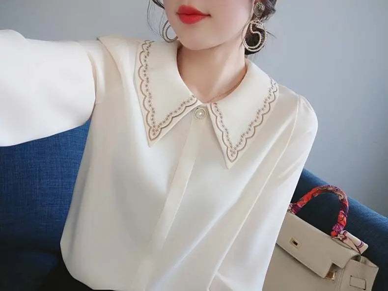 Women Embroidery Beaded Chic Luxury Design Shirts Spring Autumn Fashion Office Lady Blouse Solid Long Sleeve Tops Elegant Blusas