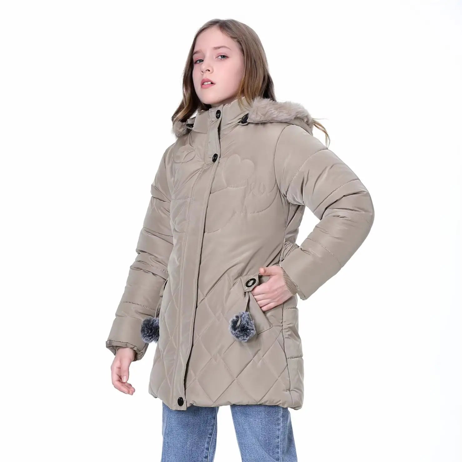 Winter Girls Jacket,Warm Thick Cotton Coat,Fashion Fur Hooded Children's Outerwear,Hairballs Zipper Elastic Waistband Coats