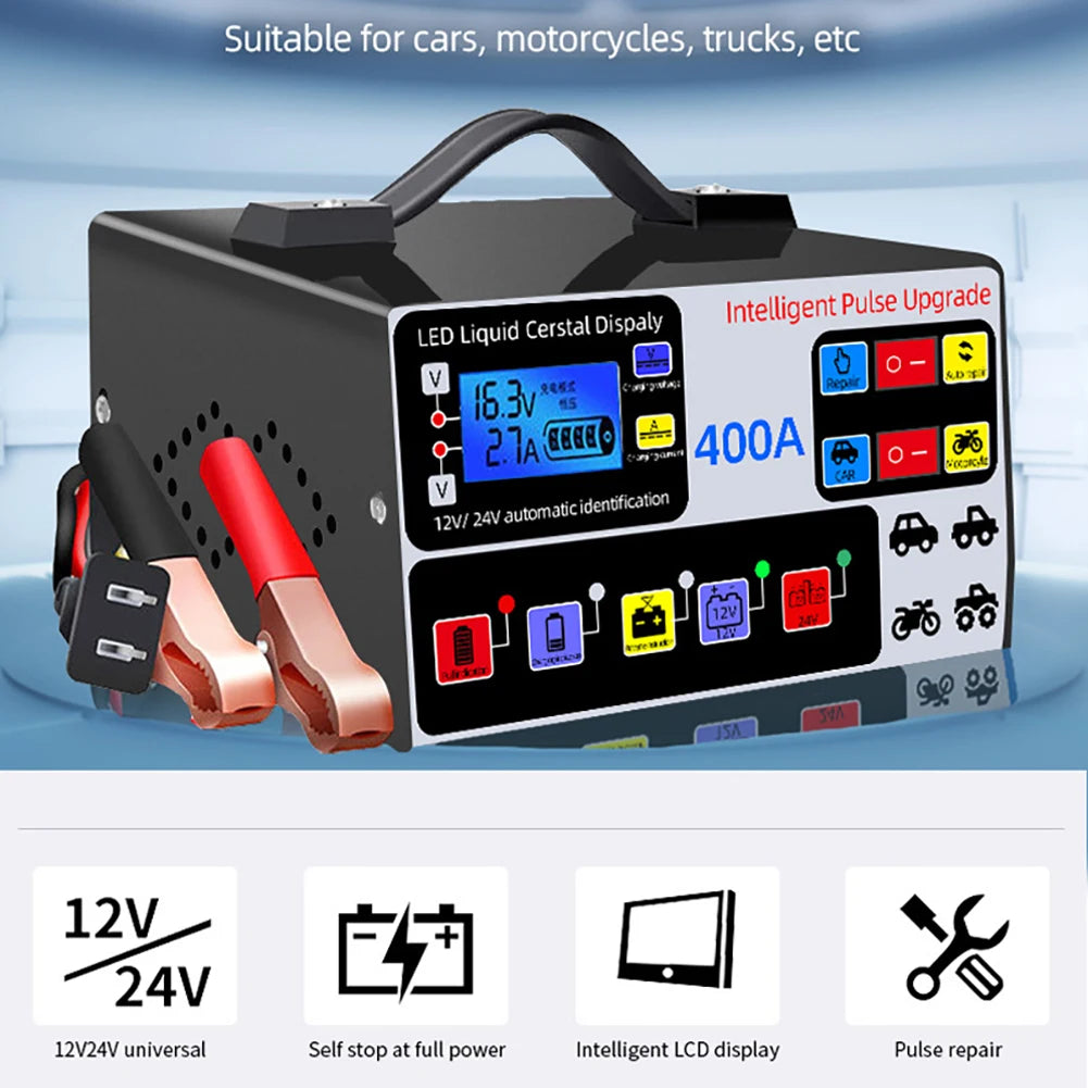 400A Heavy Duty Smart Battery Charger 12V/24V Battery High Power Fast Charger Five-Stage Intelligent Pulse Repair Charger 220W