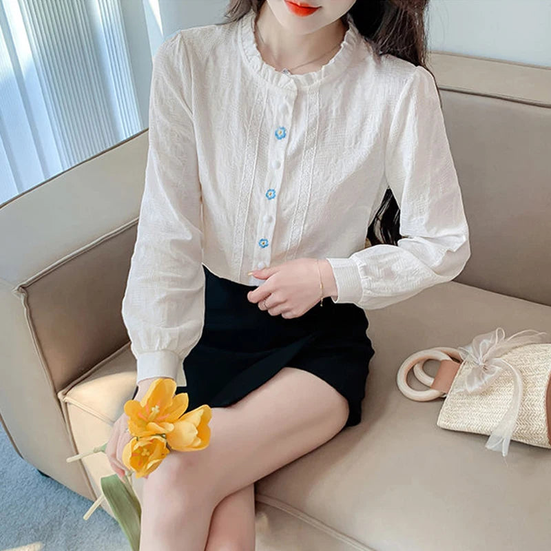 Woman's Embroidery Cotton Long-Sleeved Shirt New Stand Collar Stitching Ruffled Shirts Female Temperament Age-Reducing Thin Top