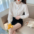 Woman's Embroidery Cotton Long-Sleeved Shirt New Stand Collar Stitching Ruffled Shirts Female Temperament Age-Reducing Thin Top
