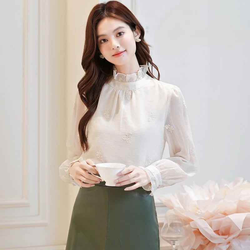 Women Blouse Shirt New Long Sleeve Ruffled Collar Elegant Embroidery Blouse Shirt Women Tops Blouses Shirts Blusas Camisas Q770