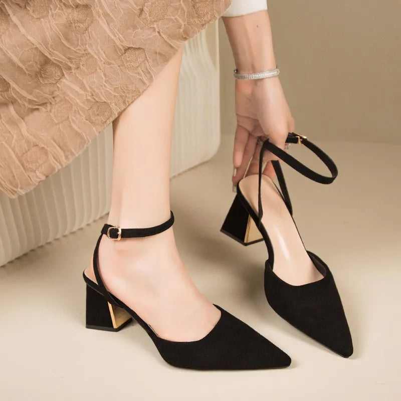 2025 Sandals for Woman Pointed Toe Chunky Footwear Closed Thick Heel Summer Block High Heels Heeled Pumps Women's Shoes Korea