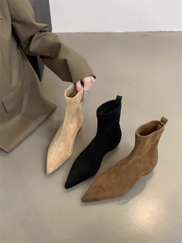 Women Flats Pointed Toe Boots Sexy Suede Ankle Boots Designer 2025 New Winter Shoes Chelsea Elegant Party Woman Fashion Botas