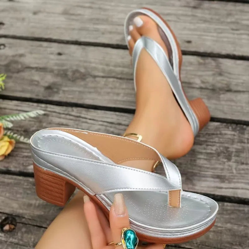 Women Sandals High Quality Summer Sandals Woman Solid Color Mid Heel High Heels Shoes Women Open Toe Flip Flops Sandals Female