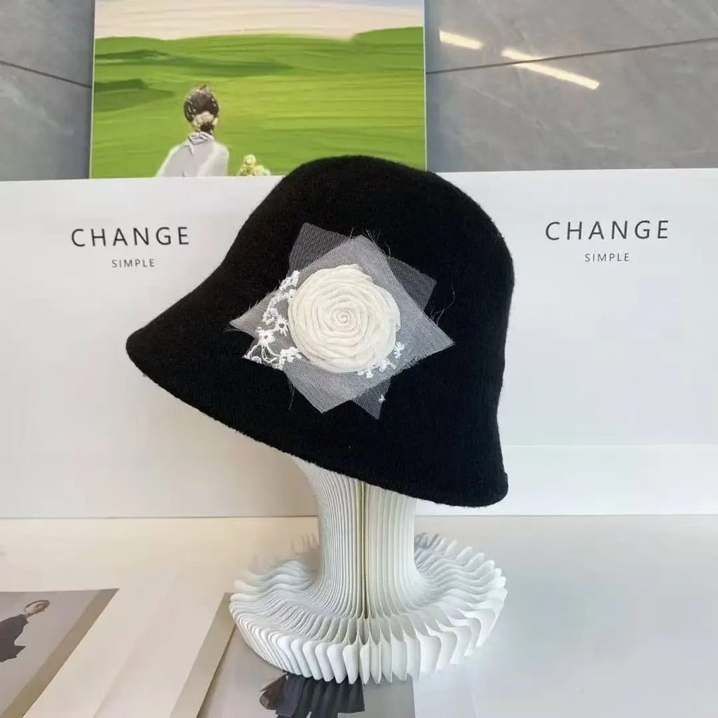 Winter Hats for Women New Handmade Flower Design  Bucket Hat Woman Elegant Fashionable Fisherman Hat Black Basin Cap Bonnet