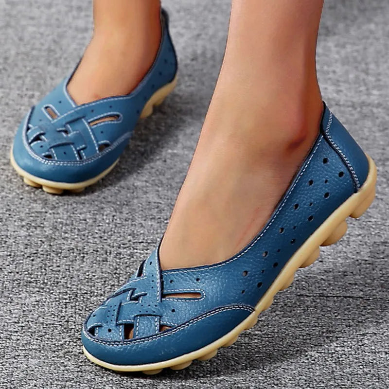 Women Flats Genuine Leather Fashion Soft Shoes Women Hollow Designer Shoes Slip On Ballet Flats Oxford Shoes Woman Plus Size