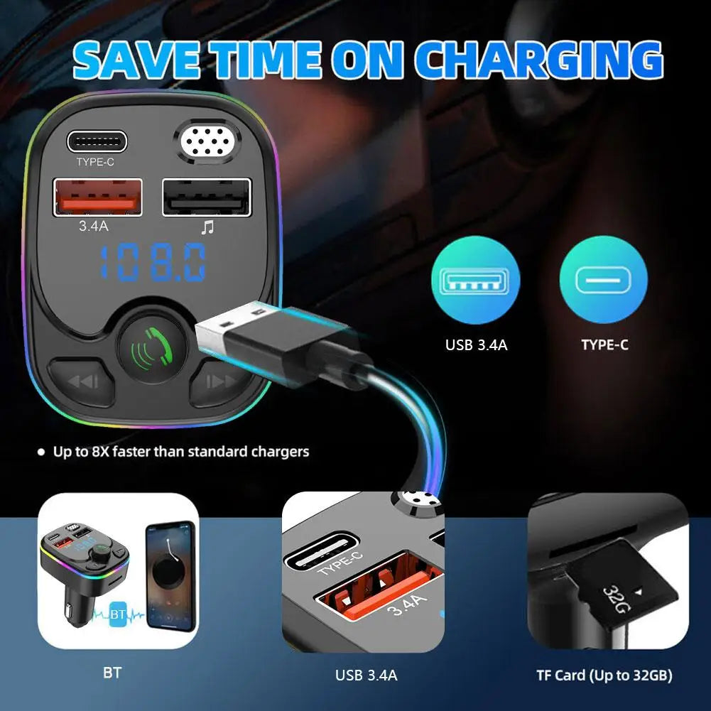 Handsfree Car Bluetooth 5.0 FM Transmitter PD Type-C Dual USB 3.4A Colorful Ambient Light MP3 Modulator Player 2023
