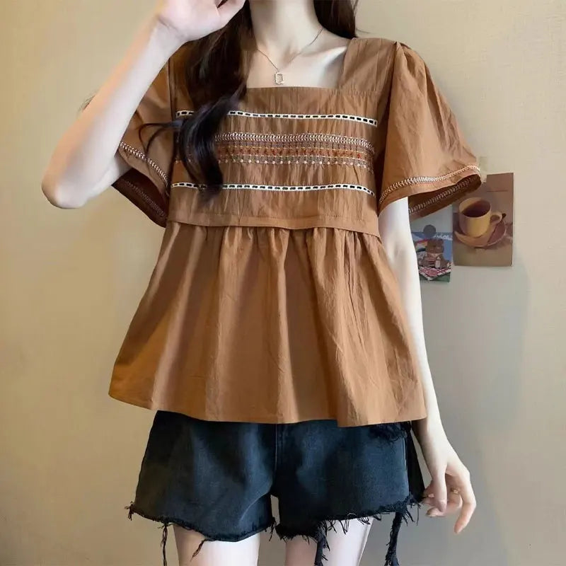 Women's Clothing Folk Embroidery Shirt Casual Loose Stylish Folds Hollow Out Summer Short Sleeve Elegant Square Collar Blouse