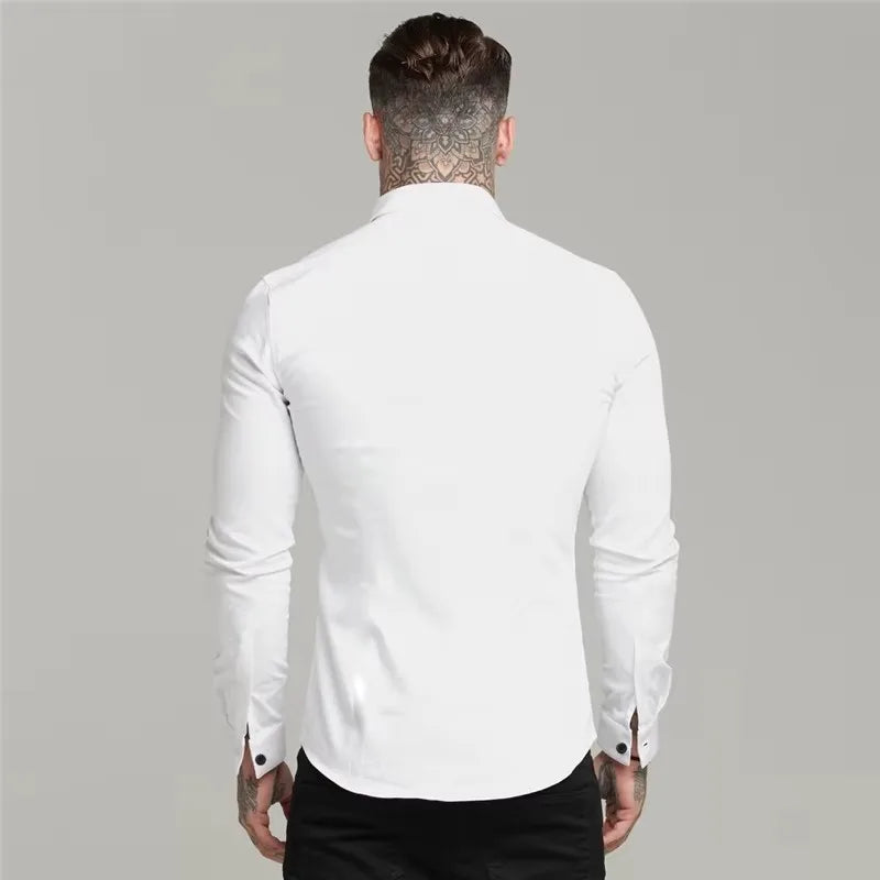 Men's Shirt Fashion Full Sleeve Shirt Men's Muscle Casual Slim-fit Business Dress Solid Color Shirt Men's Gym Fitness Men Shirt