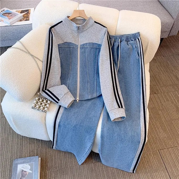 Pant Set Women Two Piece Sets Denim Splice Zipper Matching Sets Casual Coats Wide Leg Long Pants Lace Up Elastic Waist 2025
