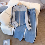 Pant Set Women Two Piece Sets Denim Splice Zipper Matching Sets Casual Coats Wide Leg Long Pants Lace Up Elastic Waist 2025