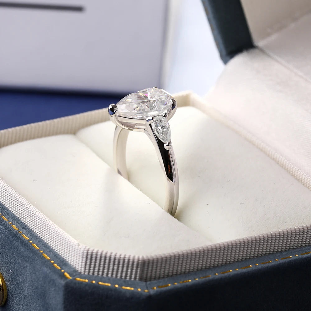 1/2/3/4ct Pear Cut All Moissanite Engagement Rings for Women 925 Sterling Silver 3-Stone Waterdrop Shape Wedding Bands Jewelry