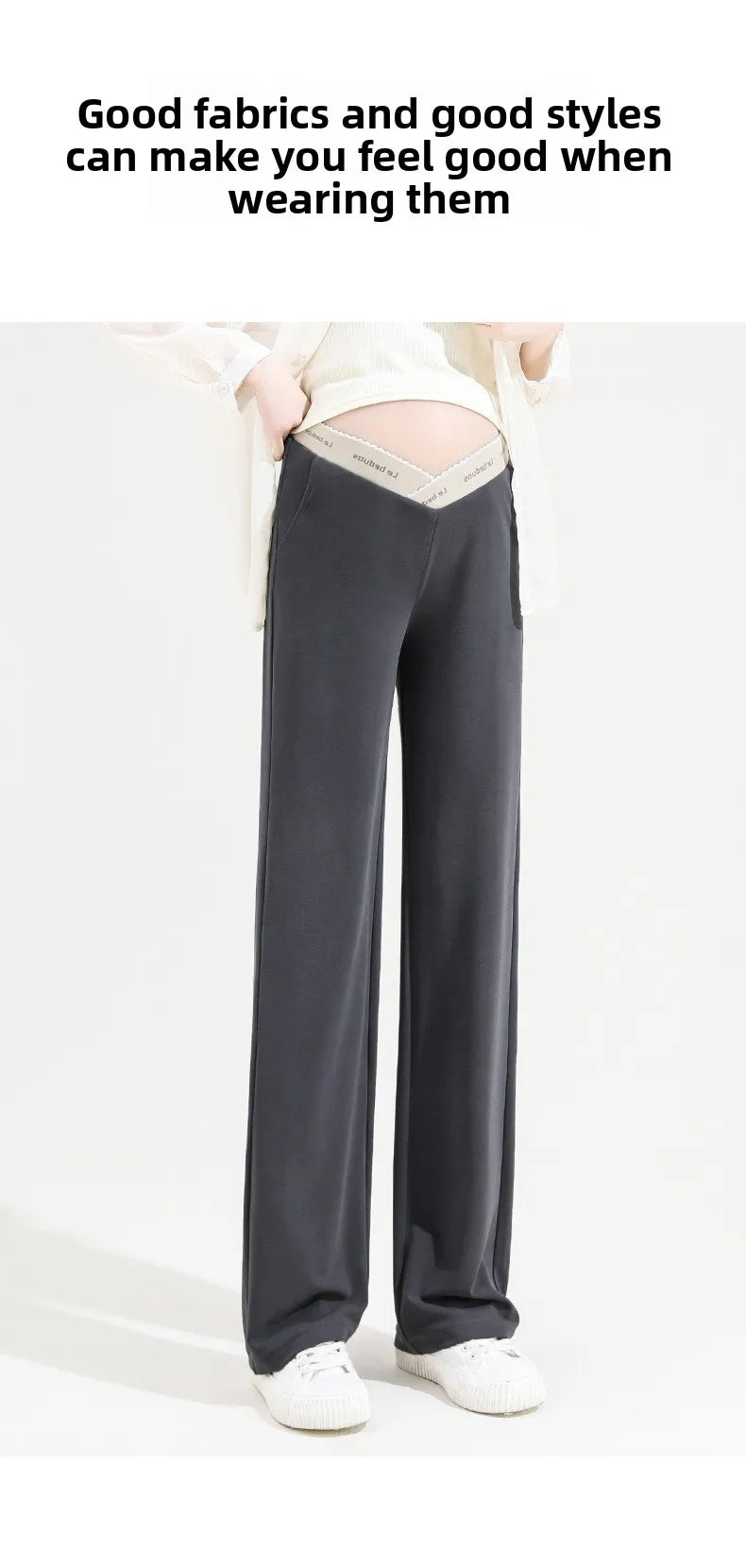 Pregnant woman's pants - Outerwear for autumn and winter: Wide-leg pants, nine-inch length, straight shape, with drawstrings.