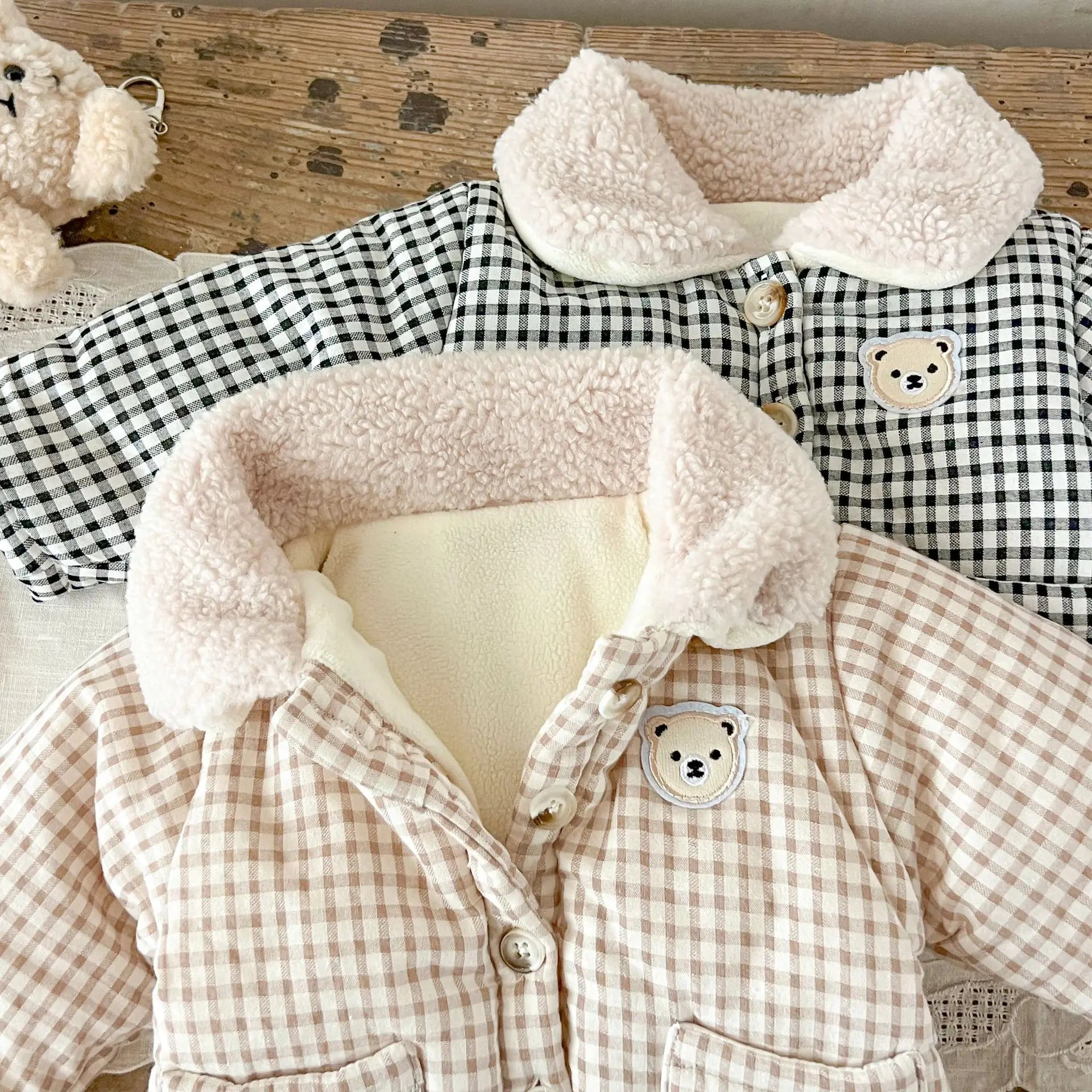 Winter Baby Girl Clothing  Plaid Coat Warm Fleece Lined Cartoon Bear Embroidery Children Cotton Padded Jacket
