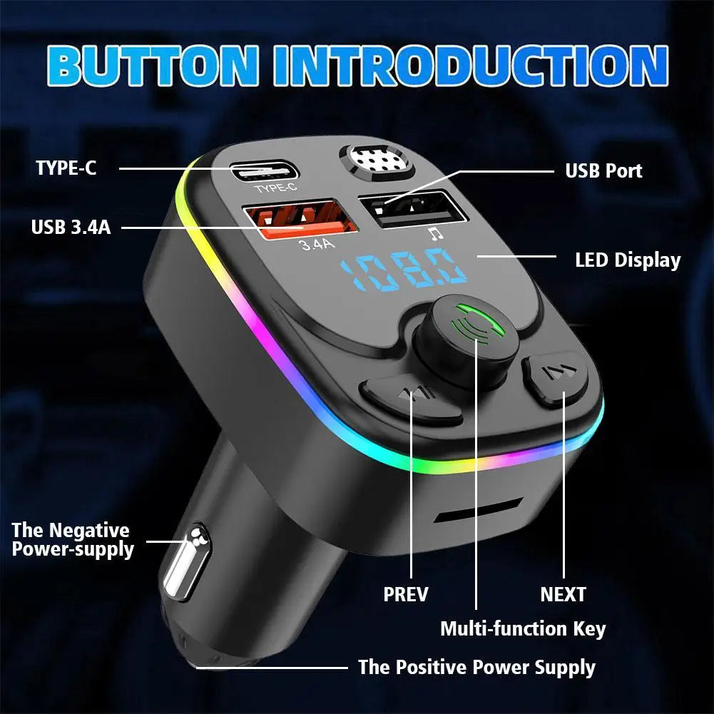 Handsfree Car Bluetooth 5.0 FM Transmitter PD Type-C Dual USB 3.4A Colorful Ambient Light MP3 Modulator Player 2023