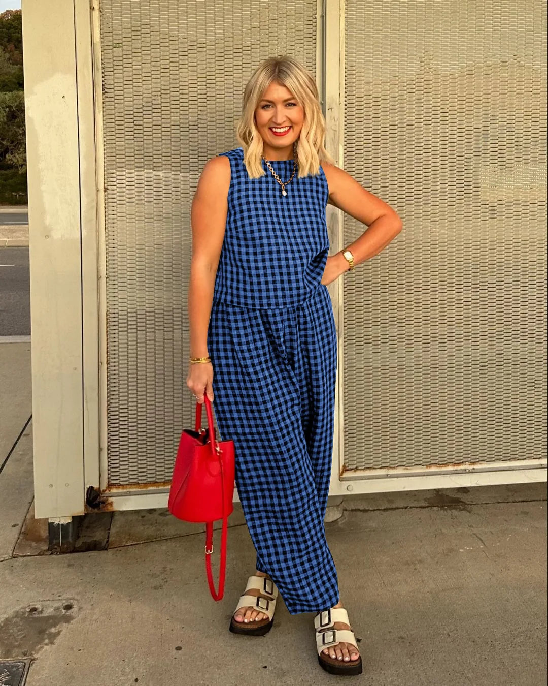 Fashion Women's Pants Set Printed Plaid Sleeveless 2025 Spring Summer Relaxed Vest Nine Point Pants Home Wear Female 2 Piece Set