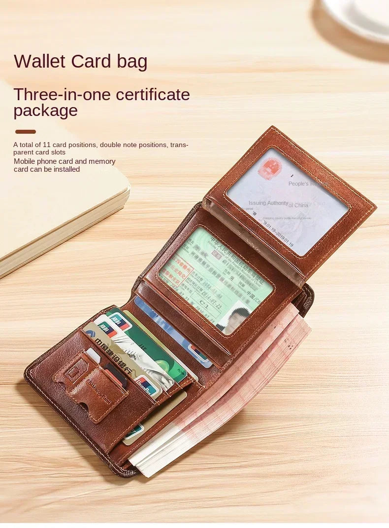 Men's Wallets RFID Blocking Genuine Leather Trifold Business Short Purse Wallet for Men with ID Window and Credit Card Holder