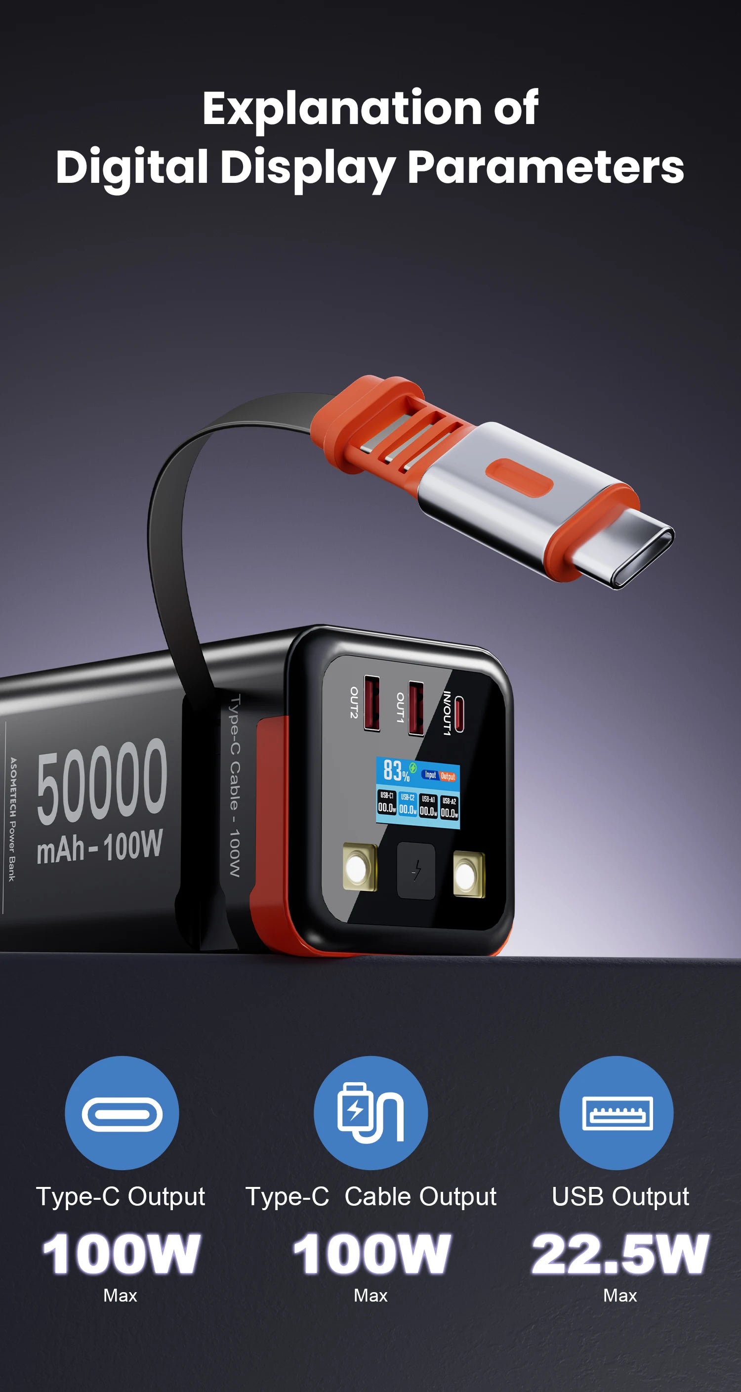 Power Bank 50000mAh 100W PD PPS Super Fast Charging Portable Spare Battery Type-C Retractable Cable Powerbank For Phone Laptop