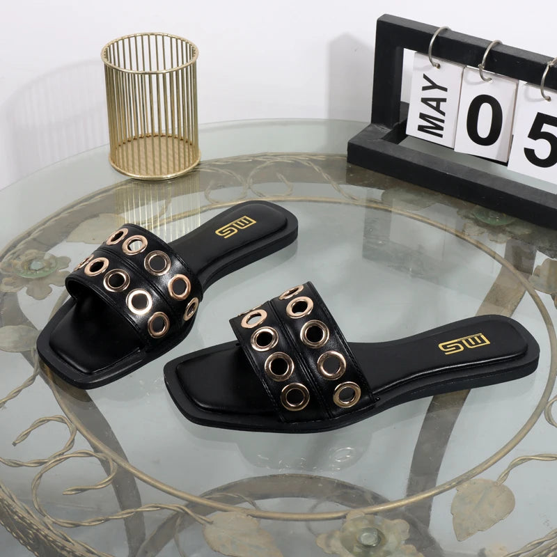 Women's slippers 2025 new summer wear casual hollow fashion Joker slippers square sandals light flat bottomed drag