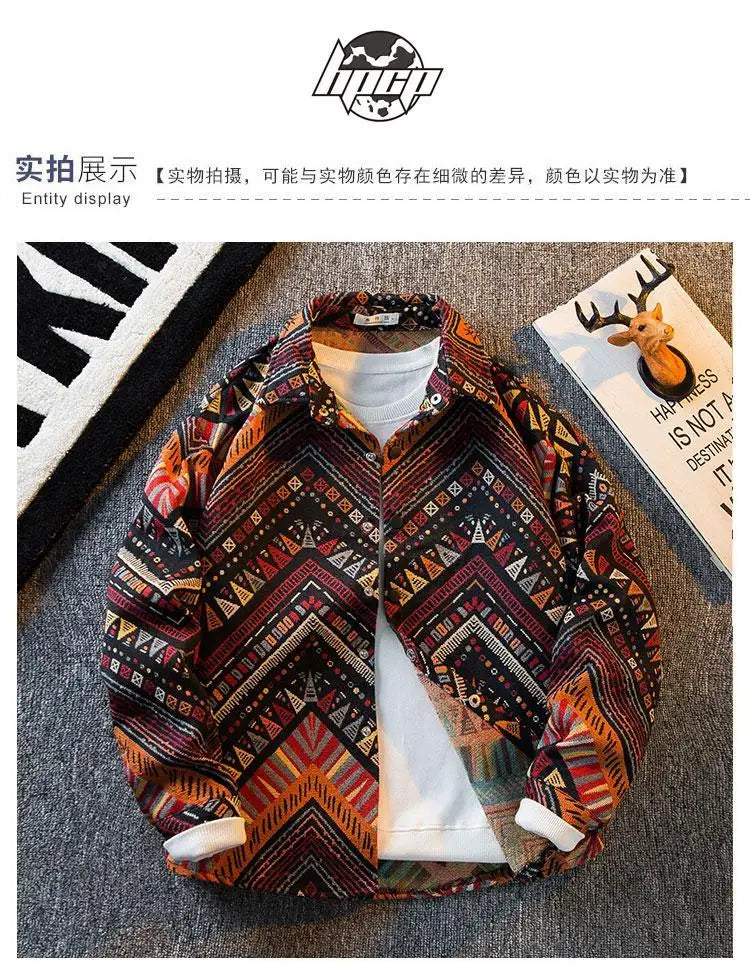 Men's high-density woven shirt men's high-end retro ethnic style long sleeved shirt trendy clothing jacket men clothing shirt